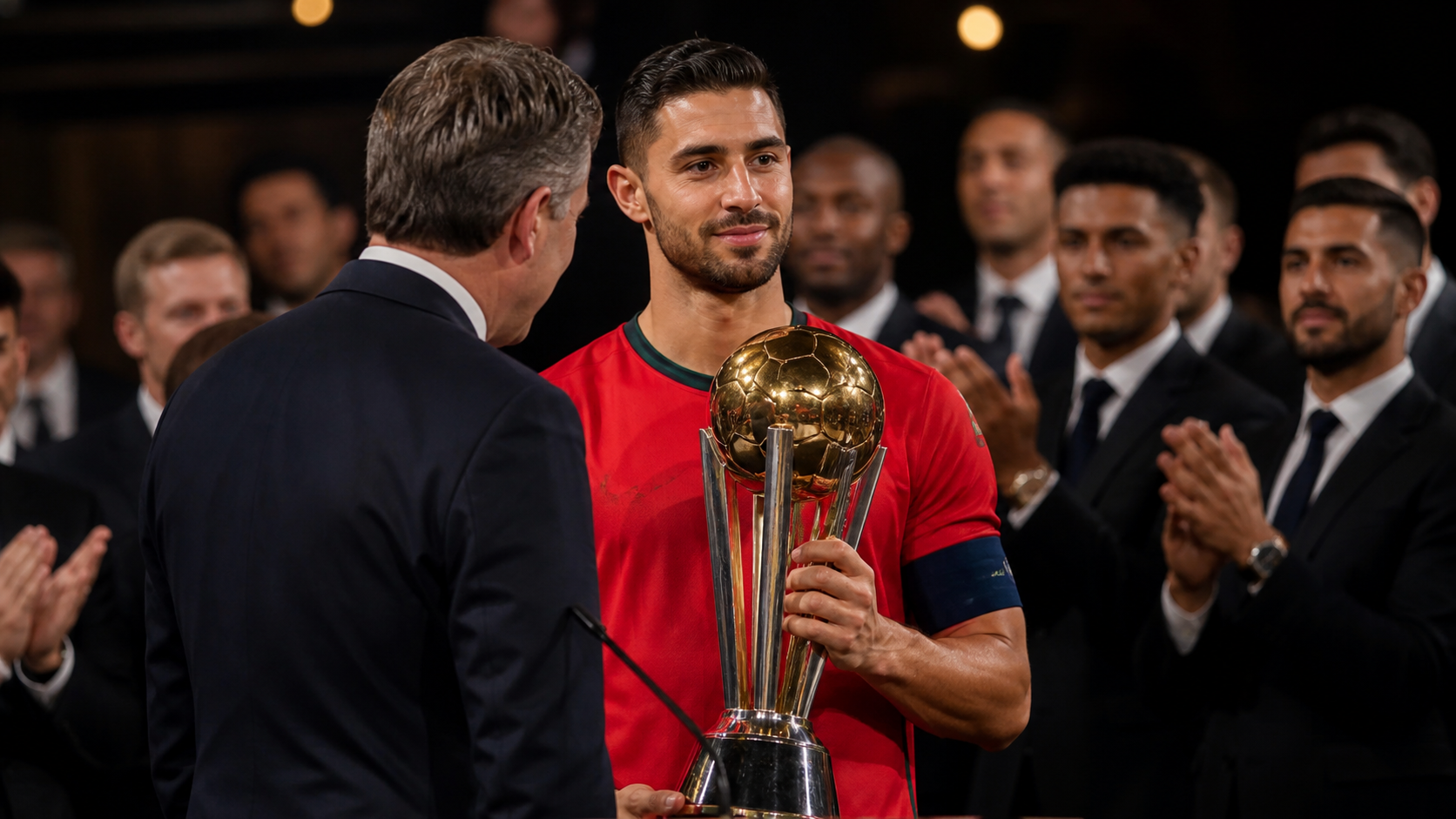 A Portuguese football captain receiving a player-of-the-year trophy in London