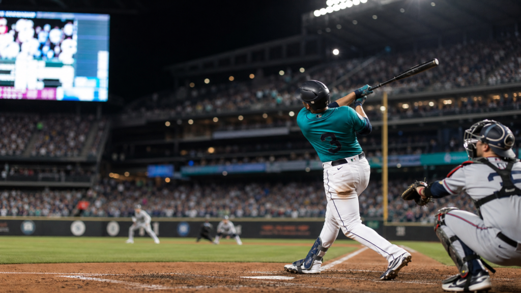 A Seattle baseball catcher hitting a home run in a packed night stadium