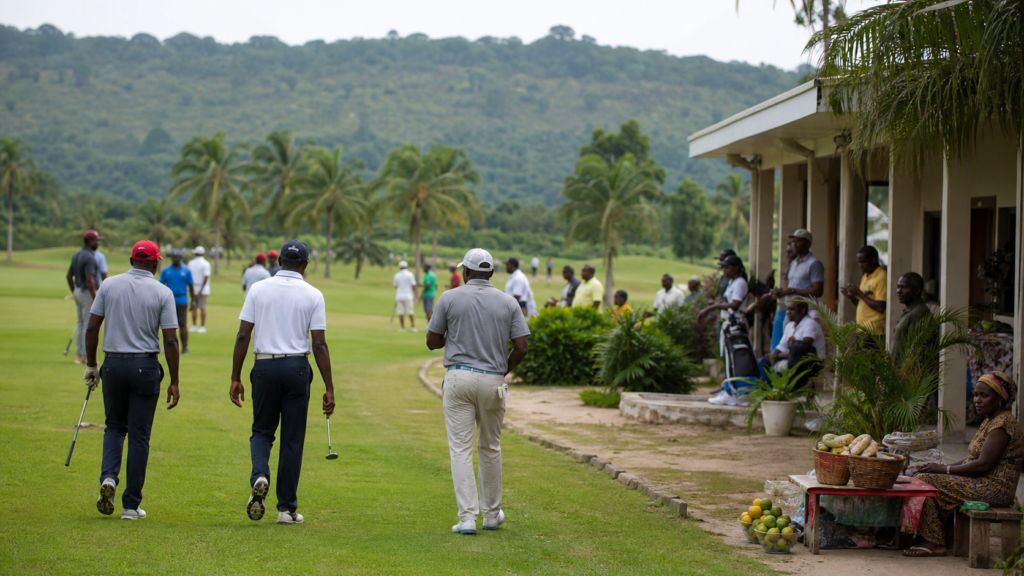 Golfers and spectators at a tropical course in Calabar, Nigeria