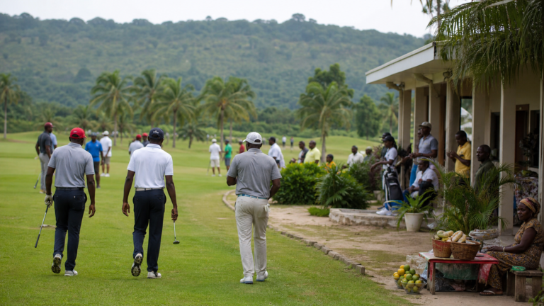Golfers and spectators at a tropical course in Calabar, Nigeria