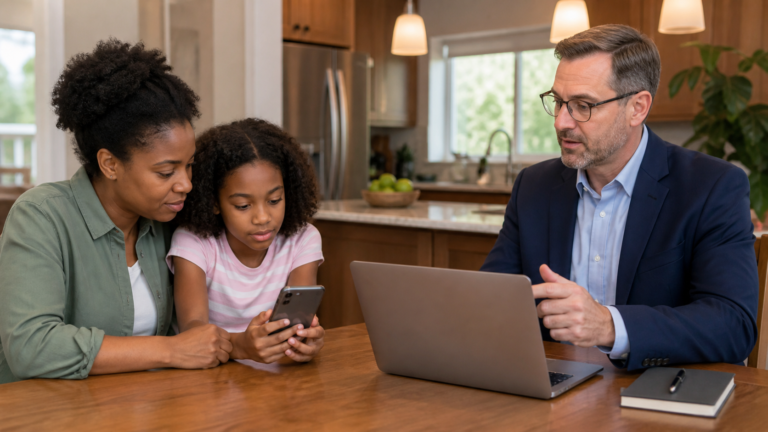 A family discussing child privacy controls with a cybersecurity professional