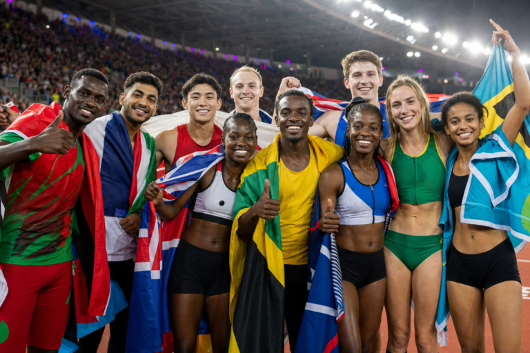 Commonwealth athletes from several regions celebrating together in a stadium