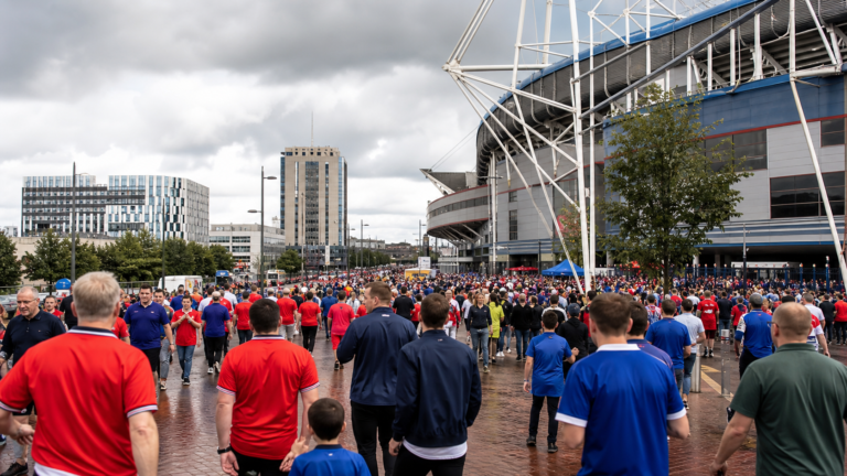 Football supporters arriving at a large stadium in Cardiff