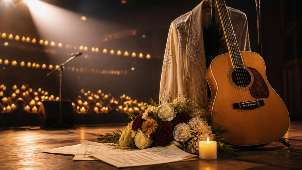 A guitar, stage jacket and flowers arranged in tribute on a Nashville stage
