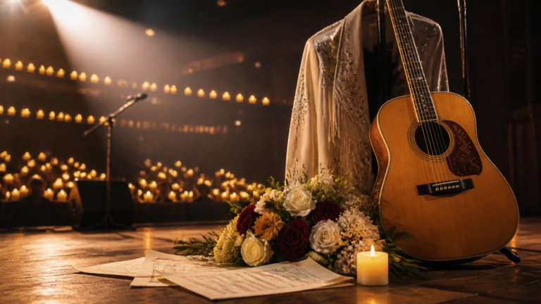A guitar, stage jacket and flowers arranged in tribute on a Nashville stage