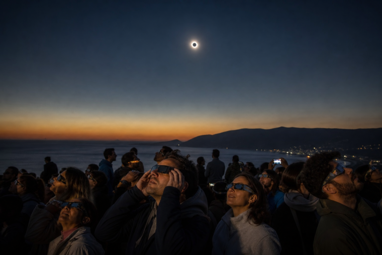 People safely viewing a total solar eclipse near sunset in Spain
