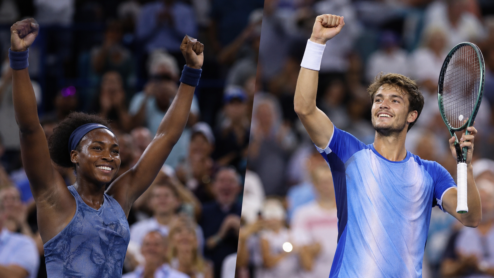 Two professional tennis champions celebrating after hard-court finals