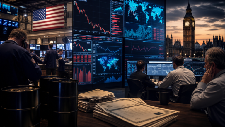 Global market traders monitoring technology shares, oil and bond markets