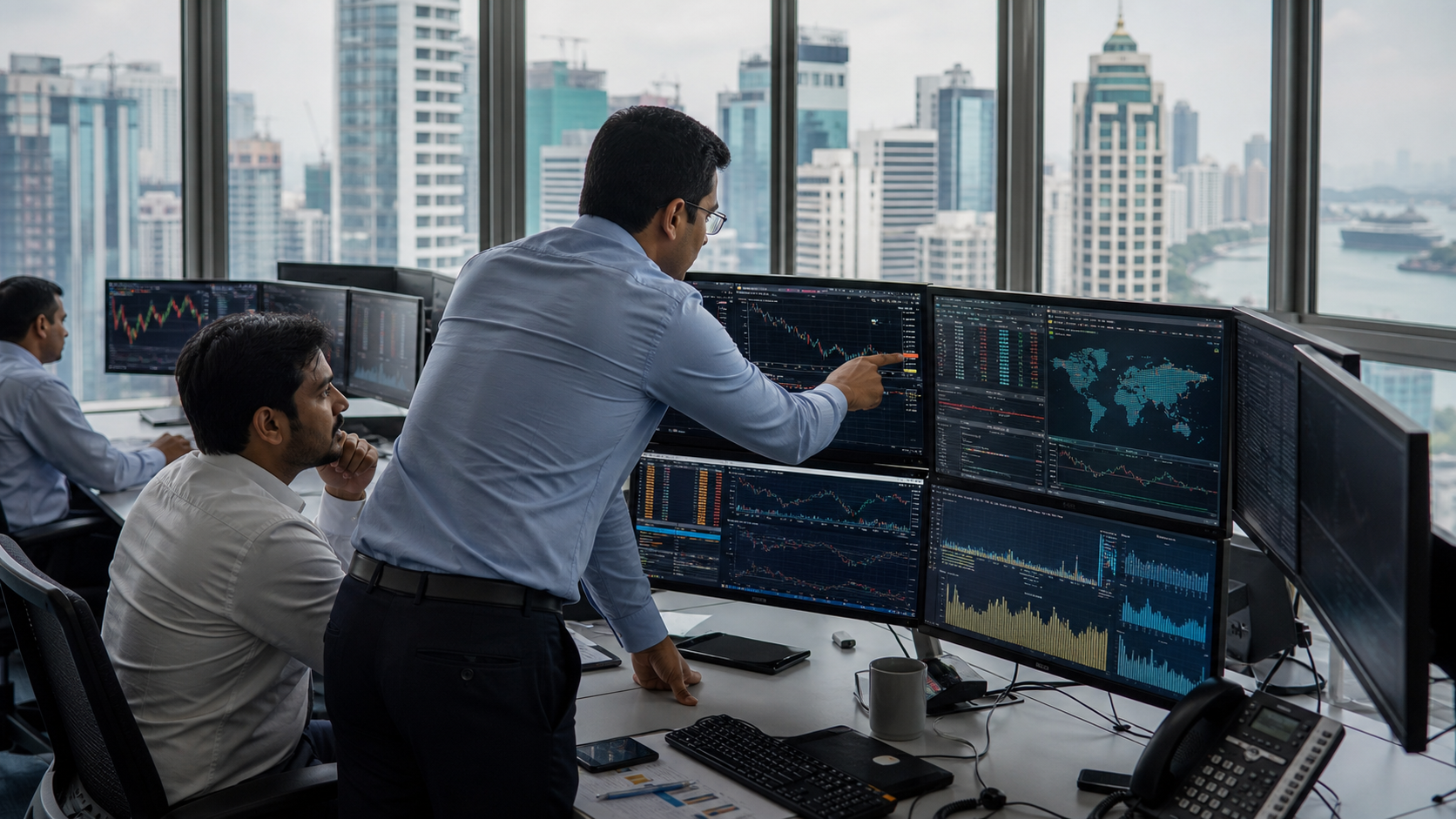 Investment professionals reviewing Indian market data in a modern financial office