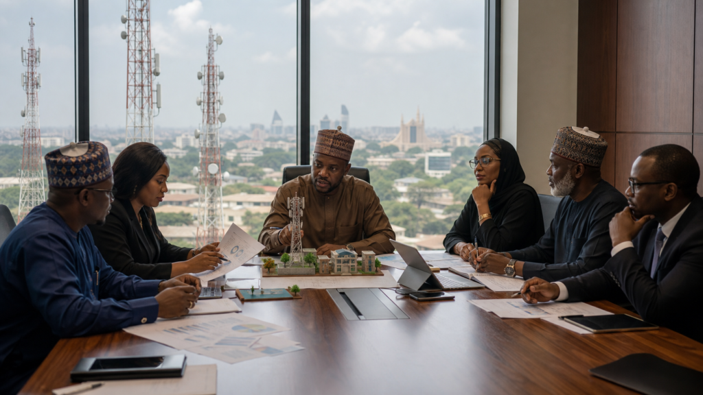 Nigerian investors and regulators reviewing mobile tower ownership plans in Abuja