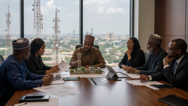 Nigerian investors and regulators reviewing mobile tower ownership plans in Abuja