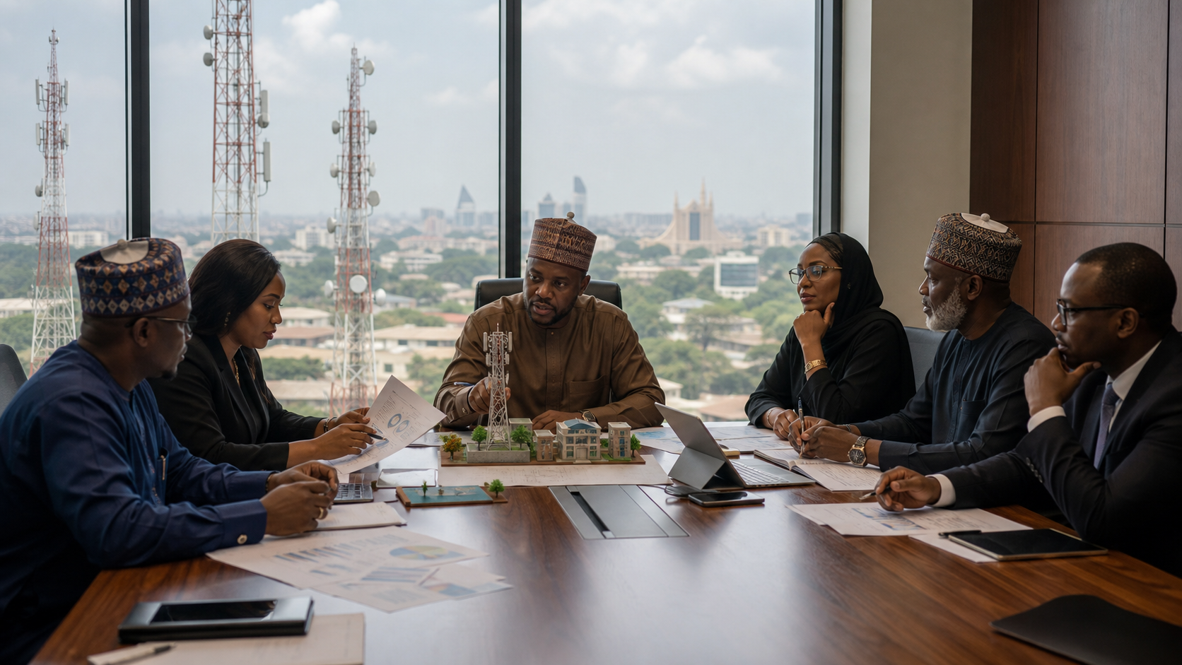 Nigerian investors and regulators reviewing mobile tower ownership plans in Abuja
