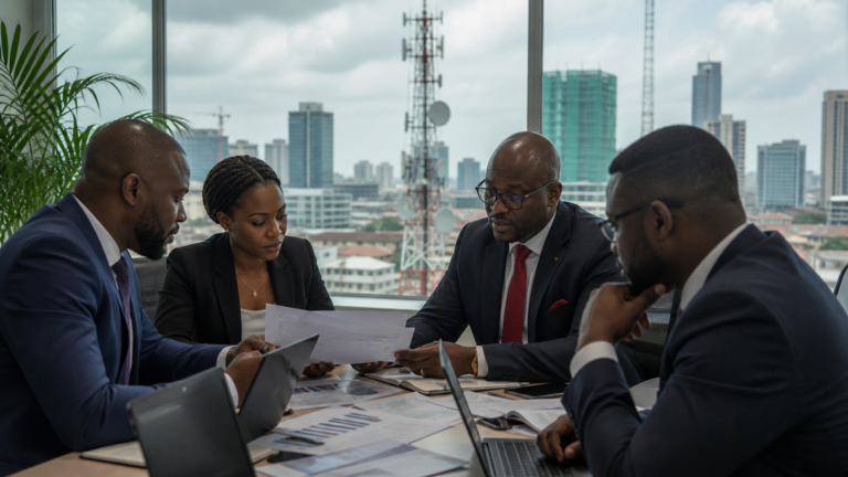 Nigerian telecom analysts reviewing share buyback documents in Lagos