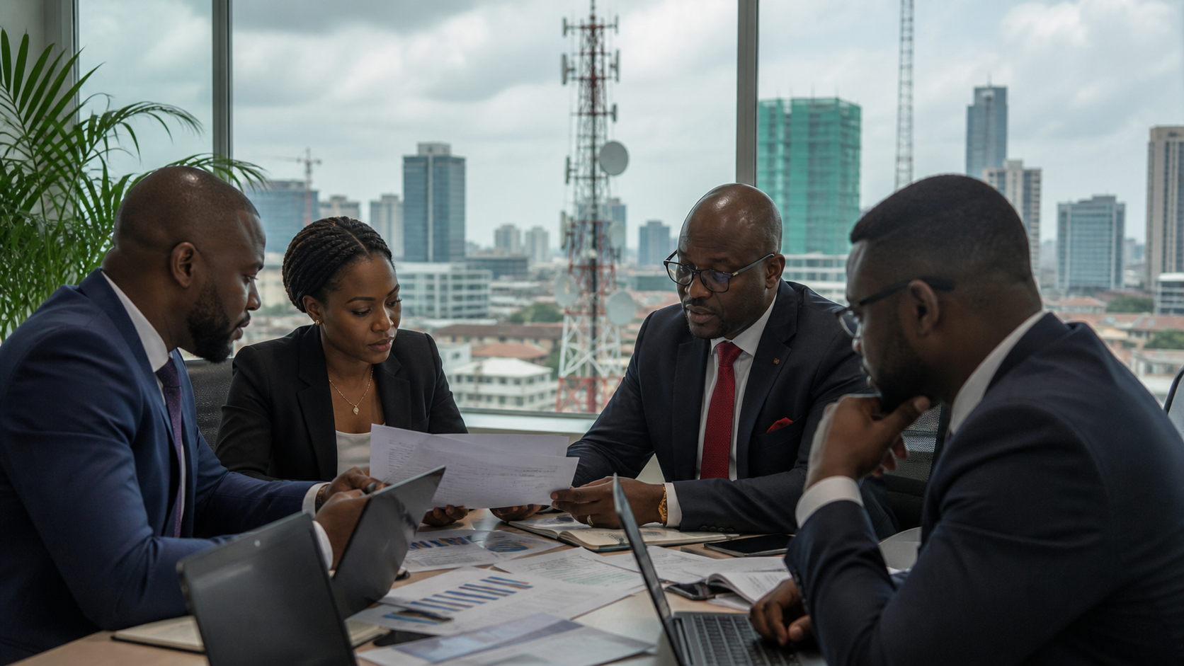 Nigerian telecom analysts reviewing share buyback documents in Lagos