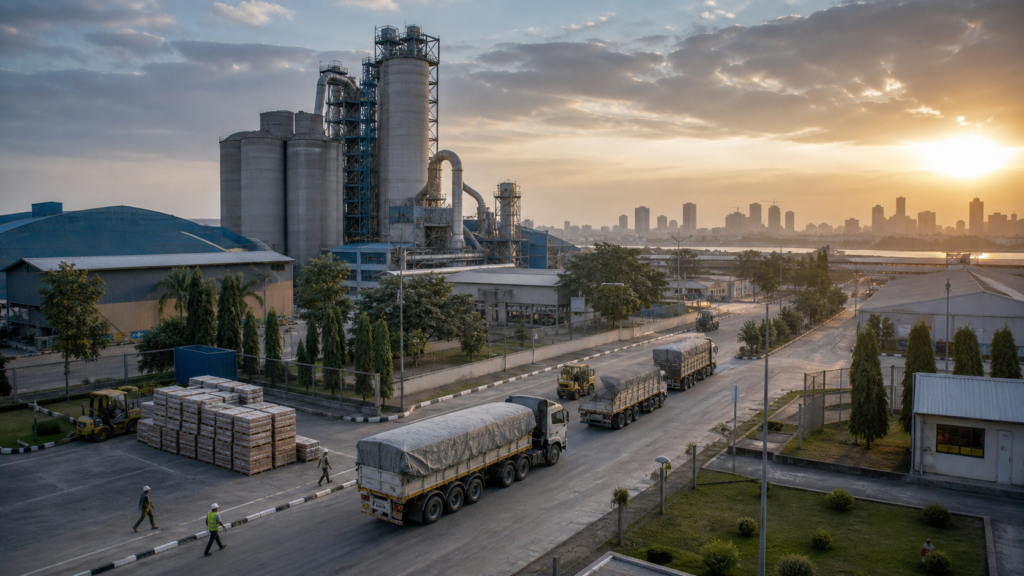 A modern Nigerian industrial complex with cargo trucks at sunrise