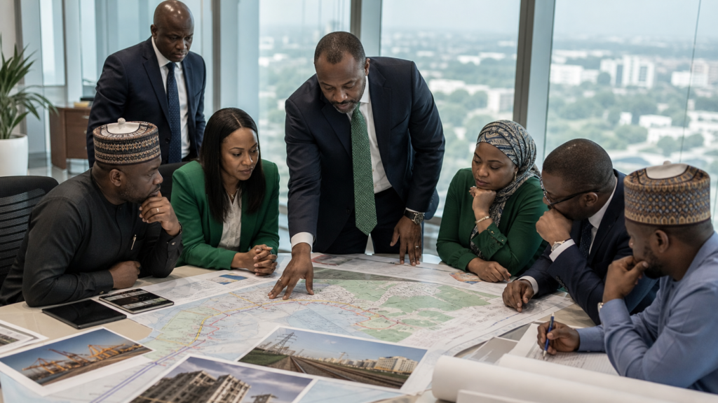 Nigerian investment professionals reviewing infrastructure plans in Abuja