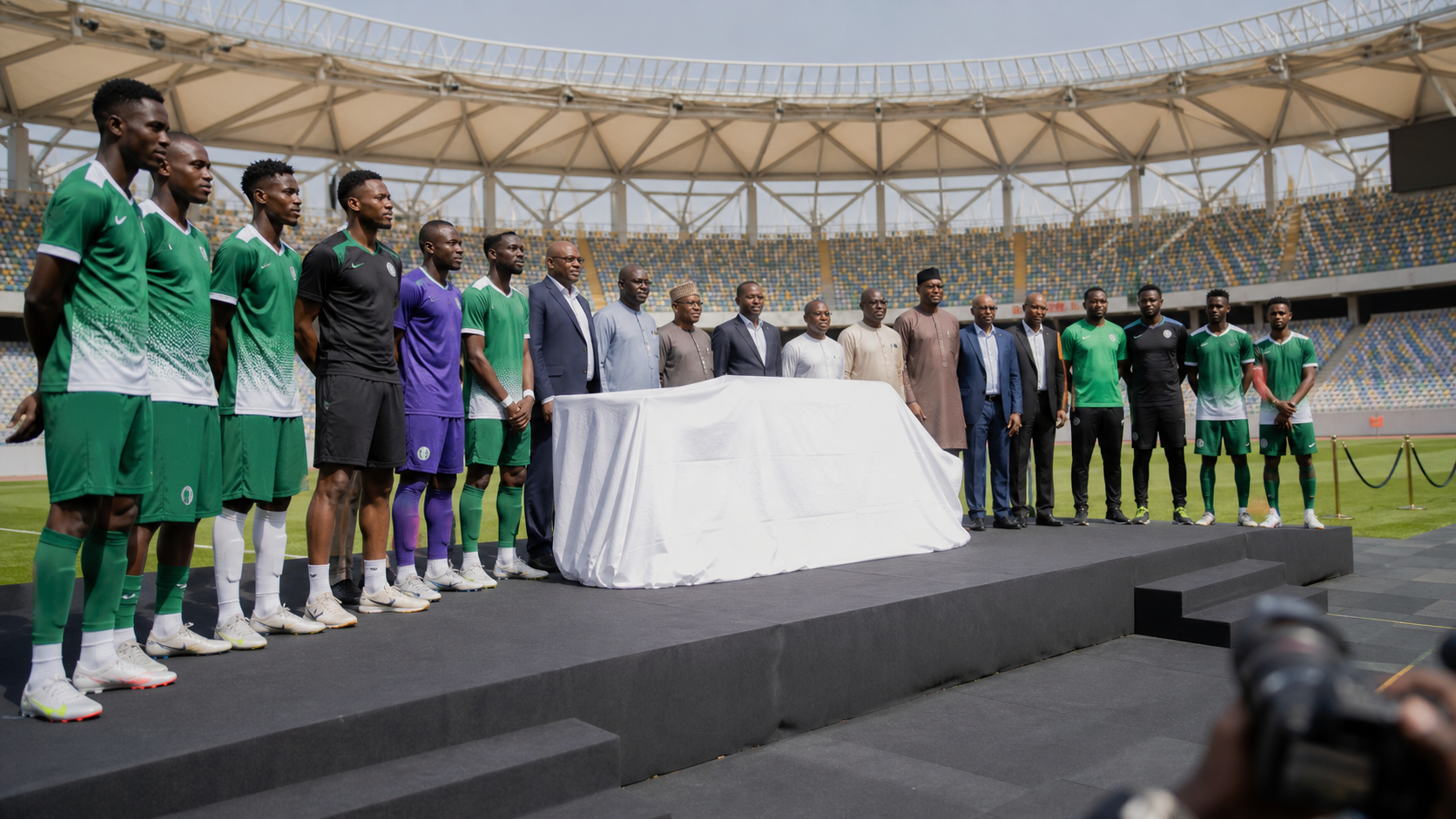 Nigerian football players and league officials at a sponsorship unveiling in Abuja