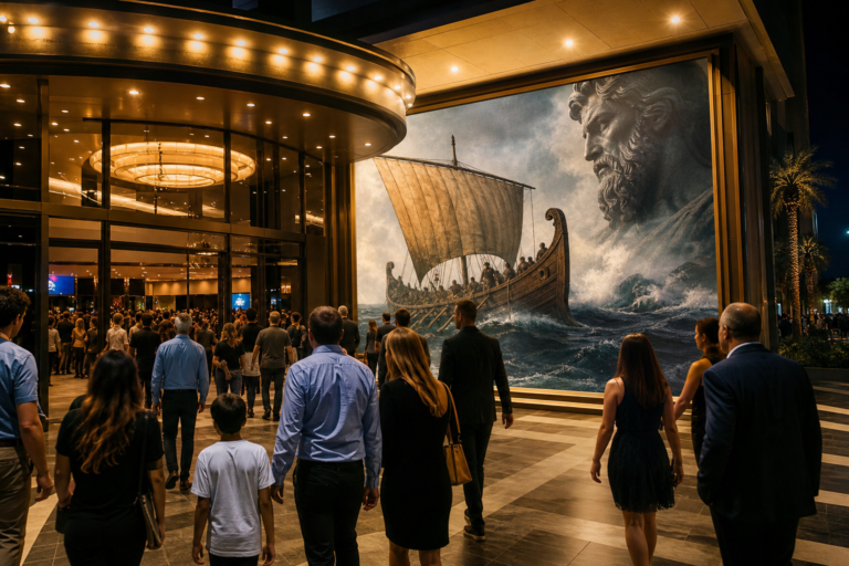 Moviegoers entering a premium cinema showing imagery of an ancient sea voyage