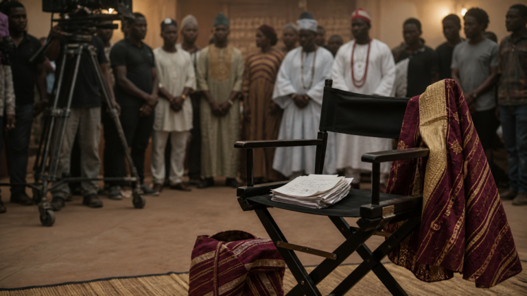 An empty director's chair on a Yoruba cinema set as cast and crew pay tribute