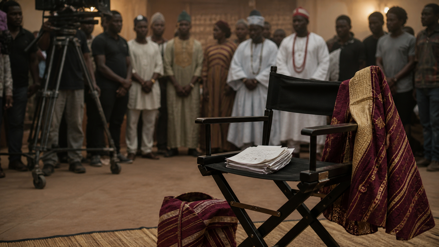 An empty director's chair on a Yoruba cinema set as cast and crew pay tribute