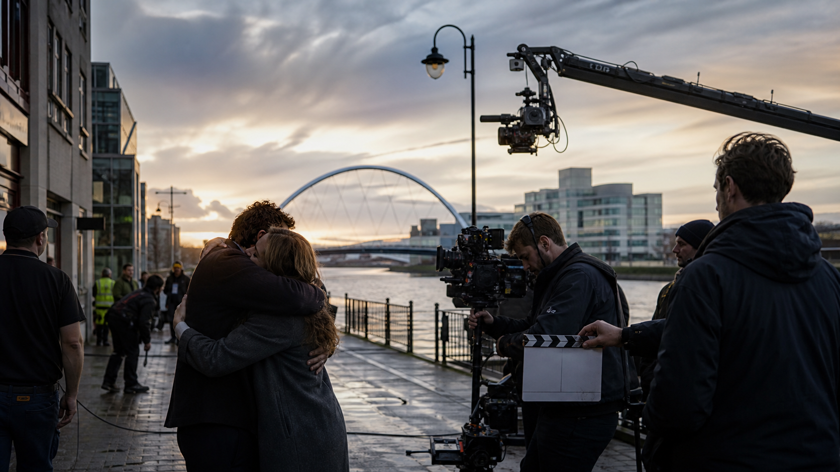 A Scottish television cast and crew embracing after filming a final riverside scene
