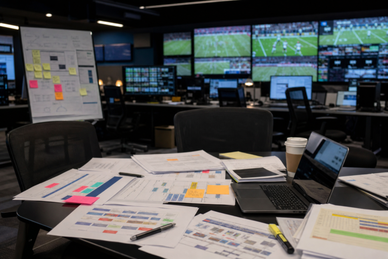 A sports broadcast newsroom reviewing schedules during a corporate restructuring