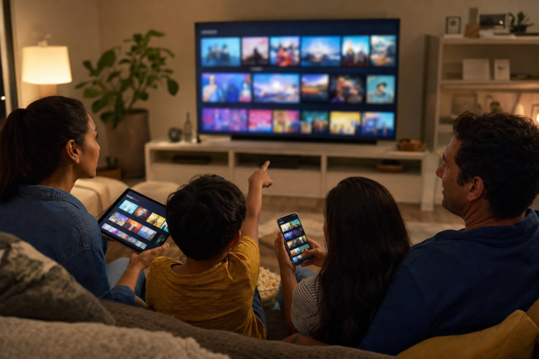 A family choosing among entertainment options on television, tablet and phone