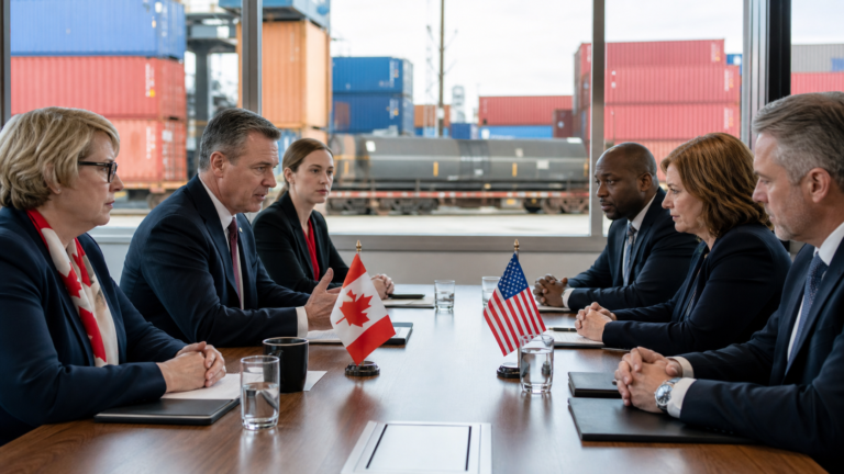 Canadian and United States trade officials meeting beside a freight terminal