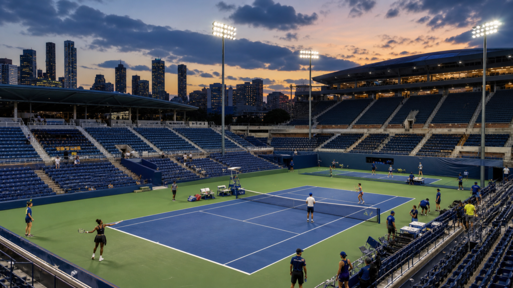 Professional tennis players competing under stadium lights in New York