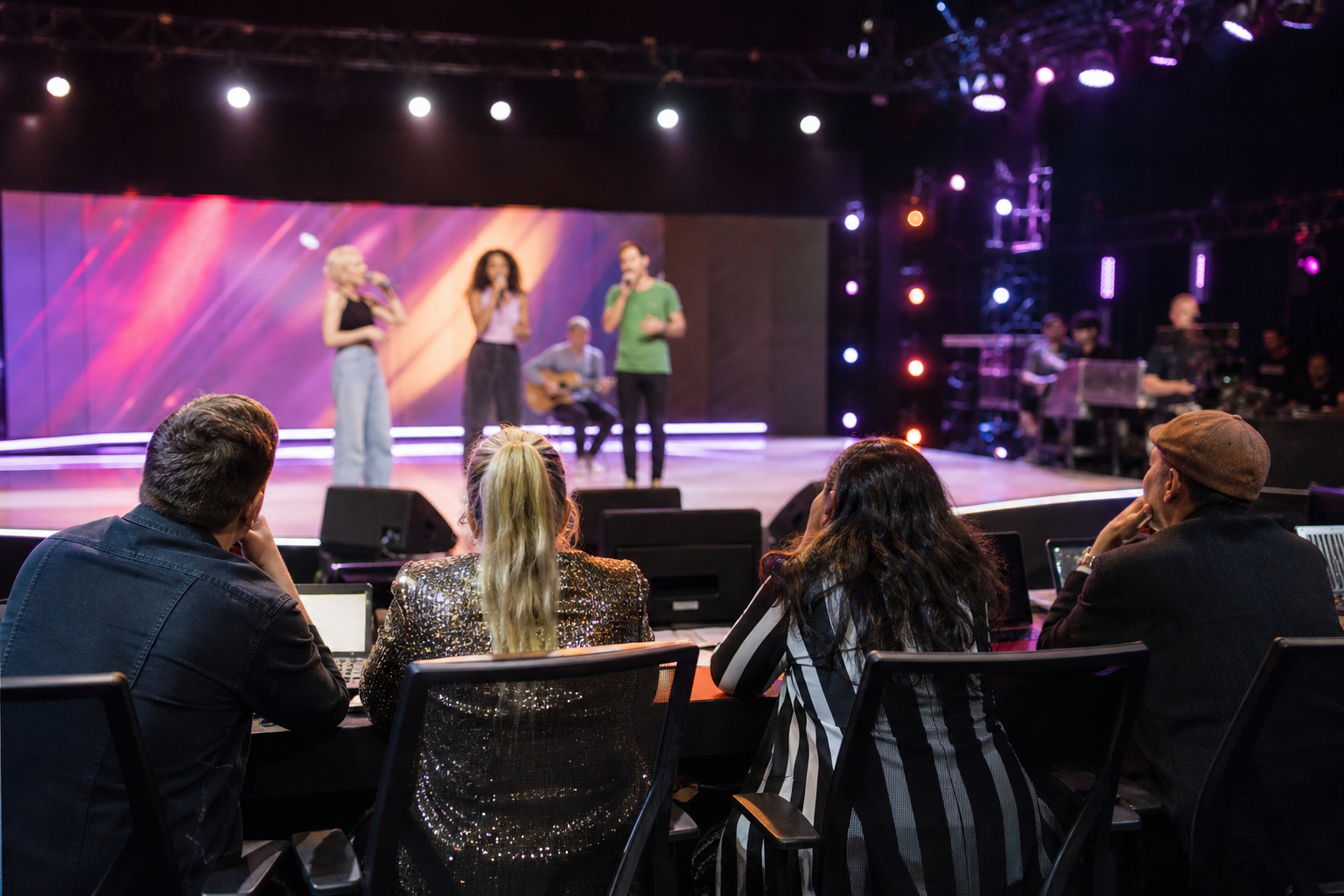 Singers rehearsing on an Australian television talent-show stage